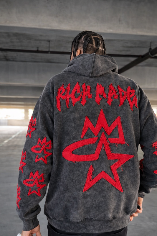 STAR4K NEW ACID WASHED OVERSIZED HOODIE (BLACK & RED)