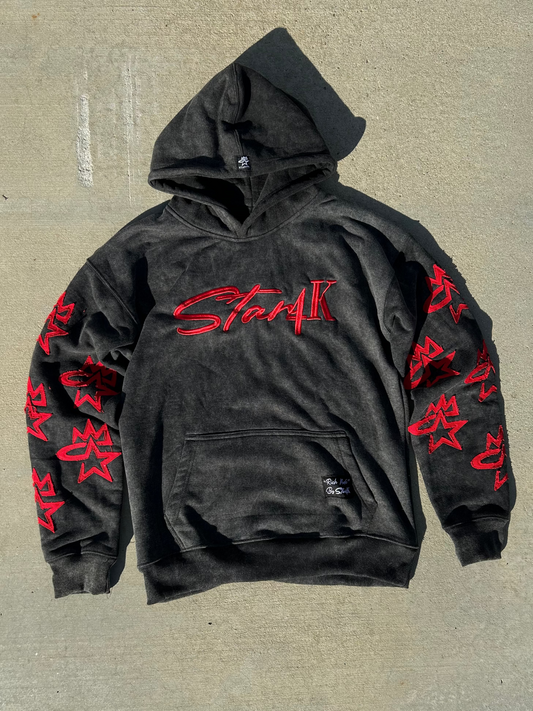STAR4K NEW ACID WASHED OVERSIZED HOODIE (BLACK & RED)